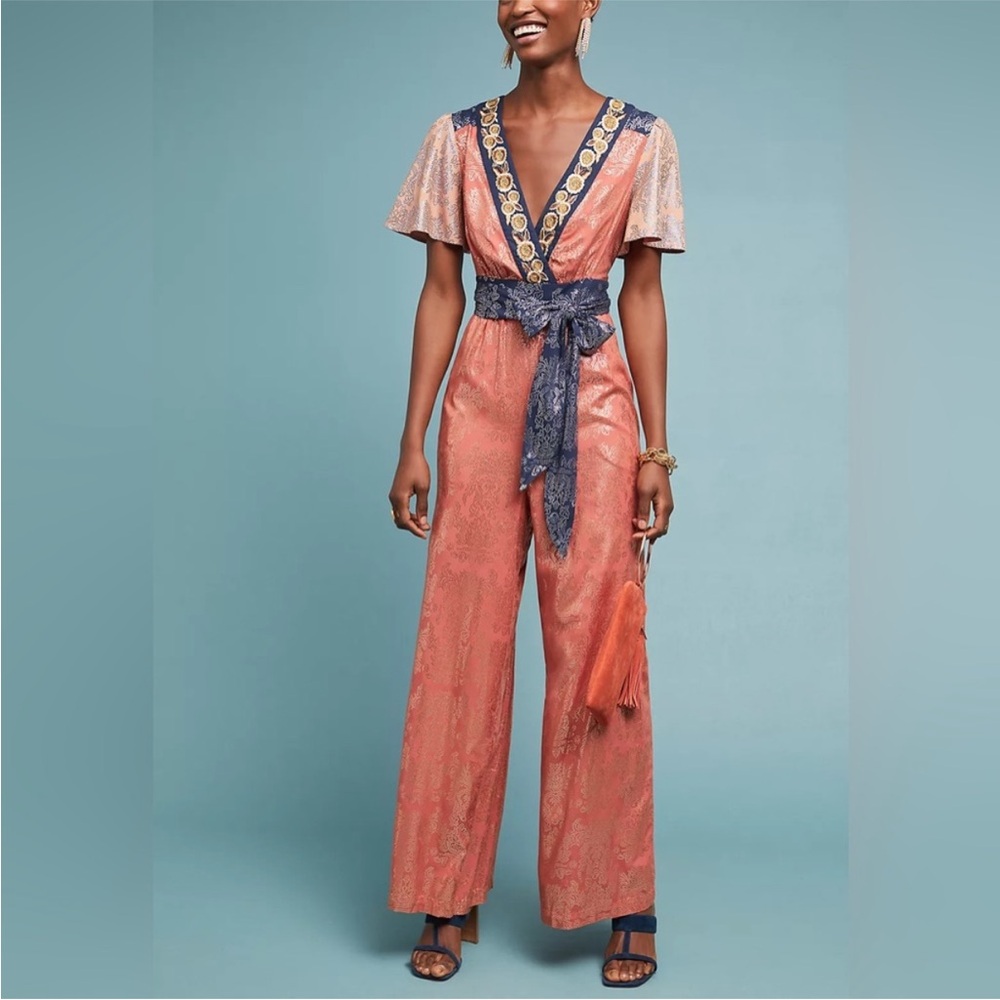 Anthropologie Akemi + Kin Sofia Metallic V Neck Embroidered Wide Leg Jumpsuit 6